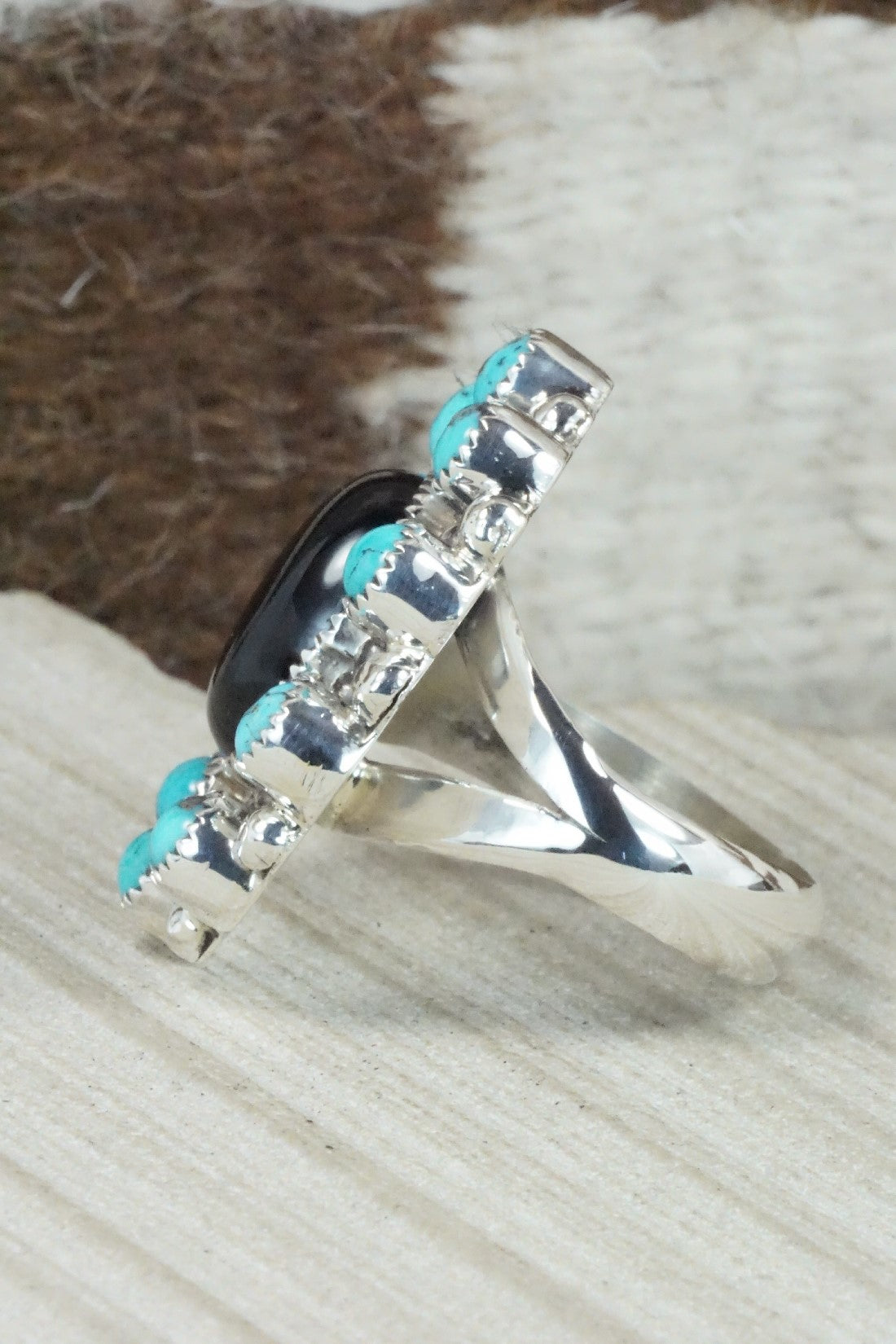 Turquoise, Onyx & Sterling Silver Ring - Sandra Parkett - Size 8 (Adj.)