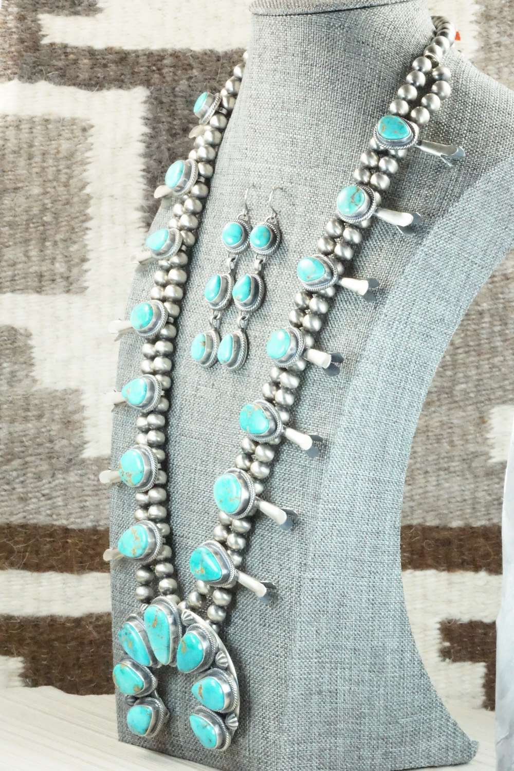 Turquoise & Sterling Silver Squash Blossom Necklace and Earrings - Thomas Francisco