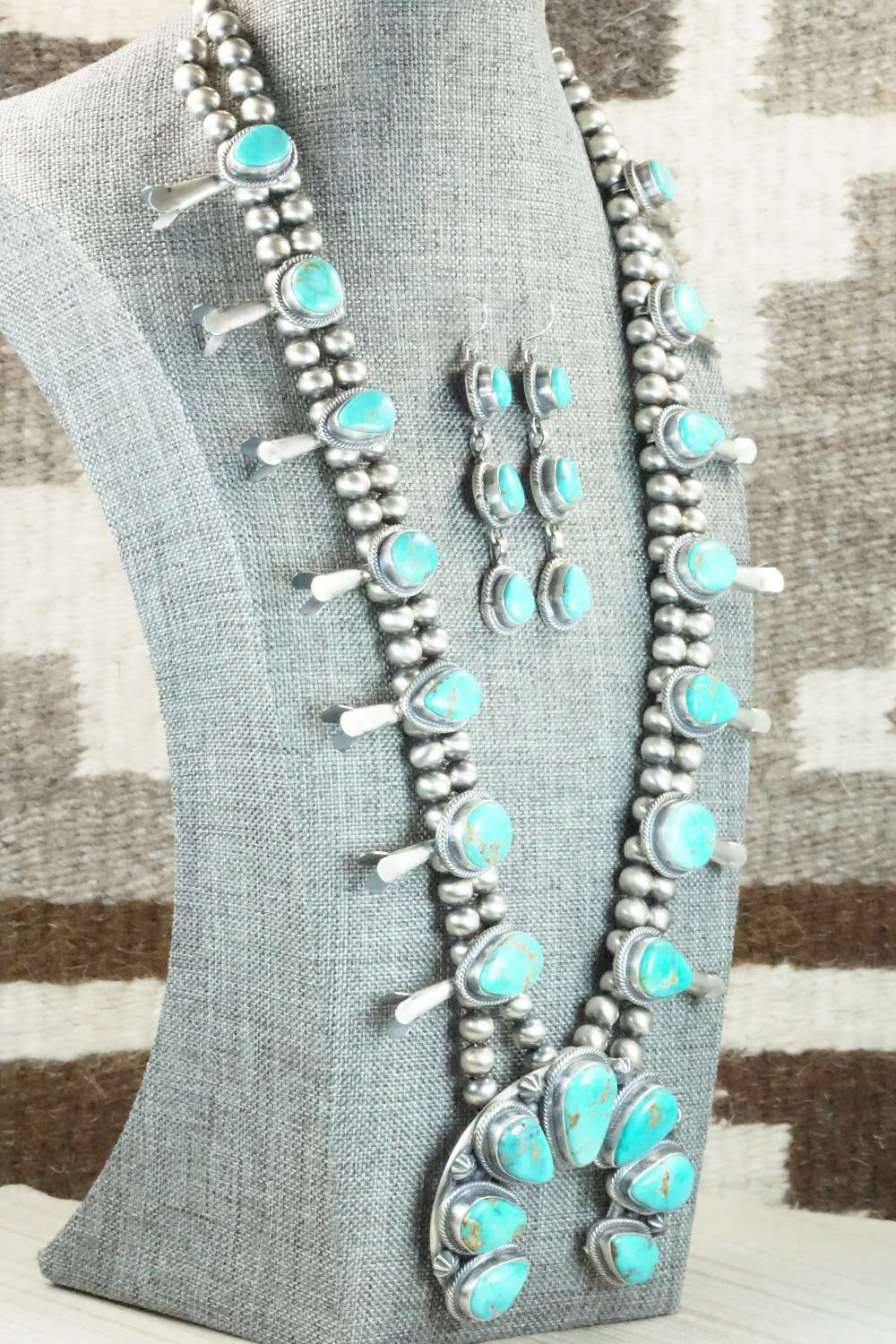 Turquoise & Sterling Silver Squash Blossom Necklace and Earrings - Thomas Francisco