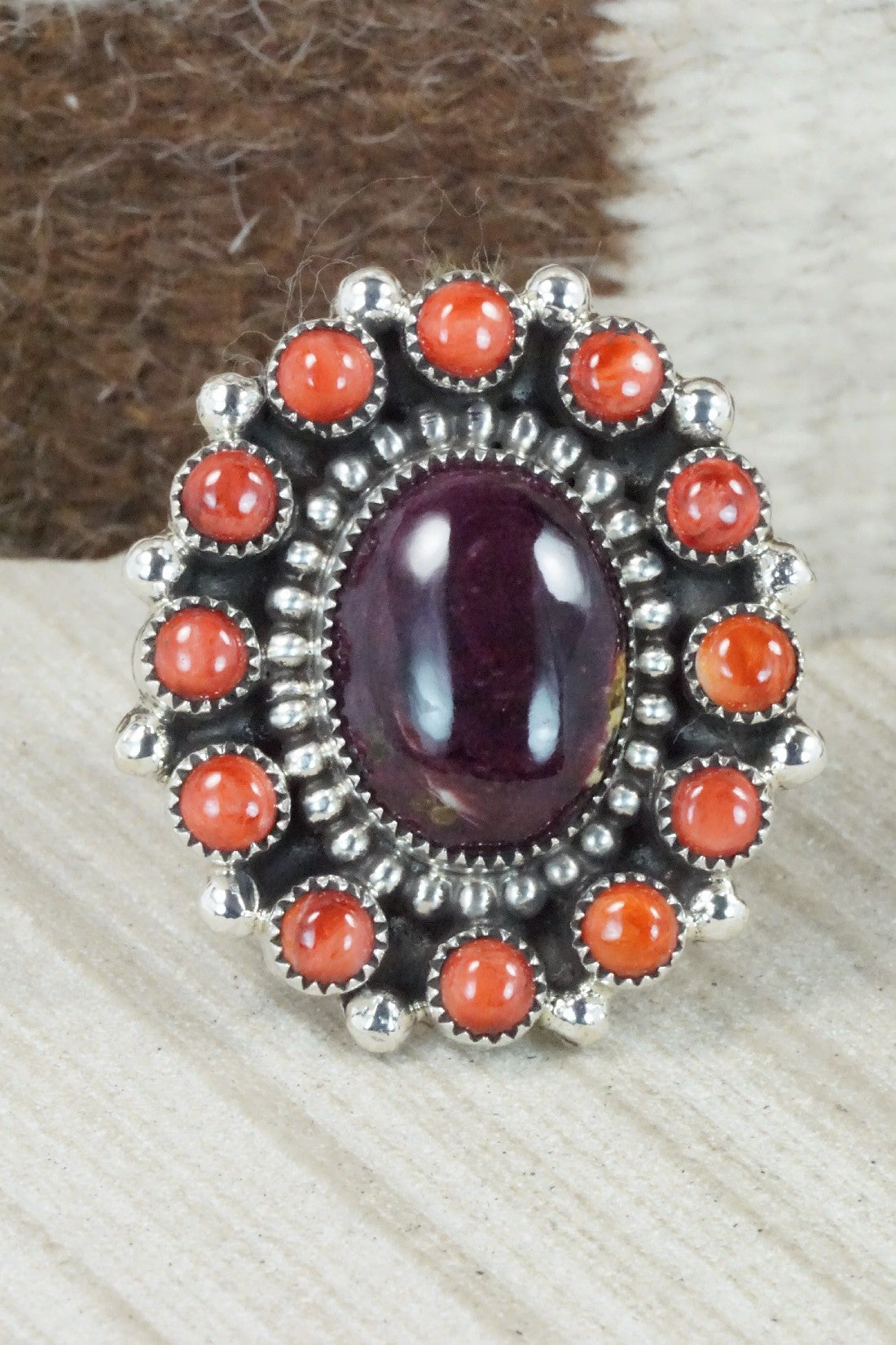 Spiny Oyster & Sterling Silver Ring - Sandra Parkett - Size 9 (Adj.)