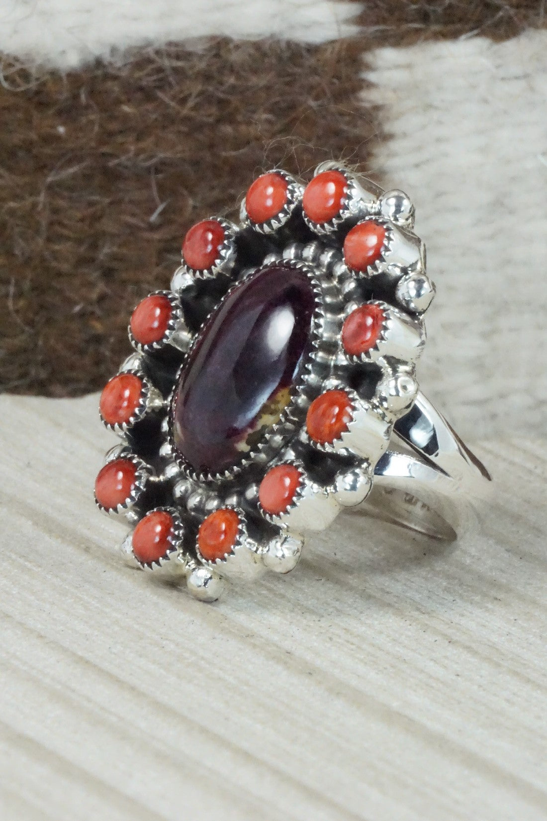 Spiny Oyster & Sterling Silver Ring - Sandra Parkett - Size 9 (Adj.)