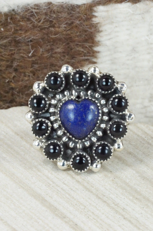 Onyx, Lapis & Sterling Silver Ring - Sandra Parkett - Size 8 (Adj.)