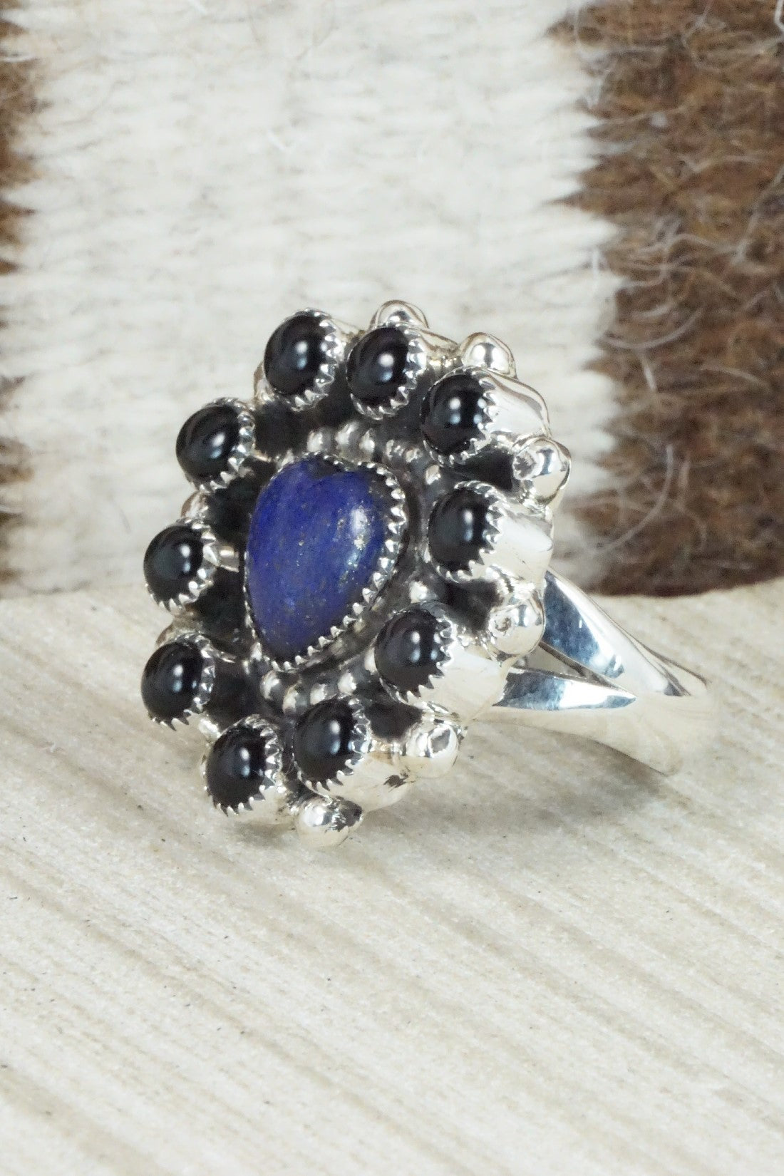 Onyx, Lapis & Sterling Silver Ring - Sandra Parkett - Size 8 (Adj.)
