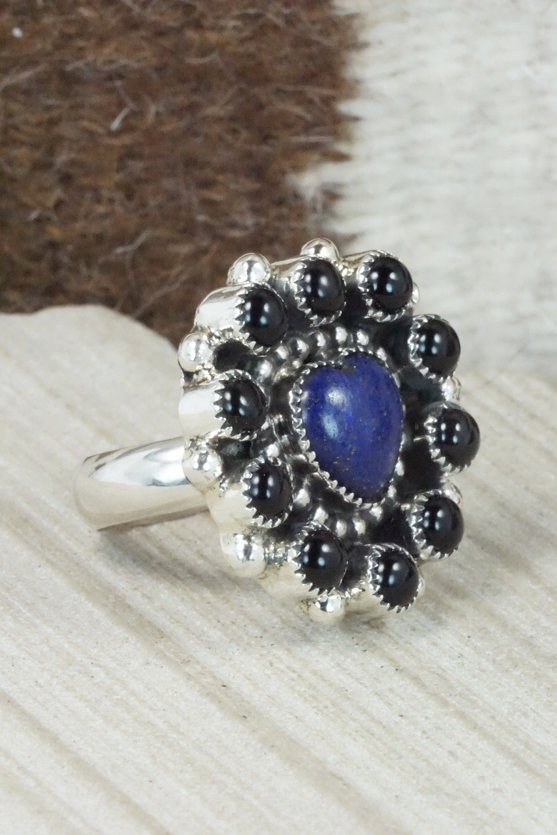 Onyx, Lapis & Sterling Silver Ring - Sandra Parkett - Size 8 (Adj.)