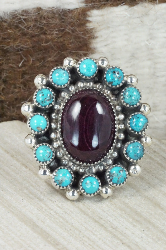 Spiny Oyster, Turquoise & Sterling Silver Ring - Sandra Parkett - Size 9 (Adj.)