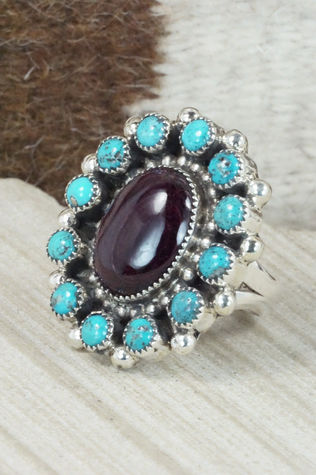 Spiny Oyster, Turquoise & Sterling Silver Ring - Sandra Parkett - Size 9 (Adj.)