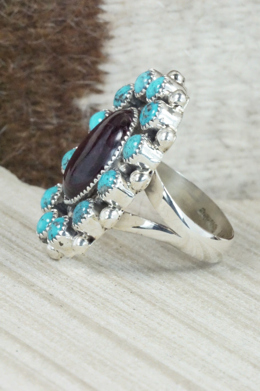 Spiny Oyster, Turquoise & Sterling Silver Ring - Sandra Parkett - Size 9 (Adj.)