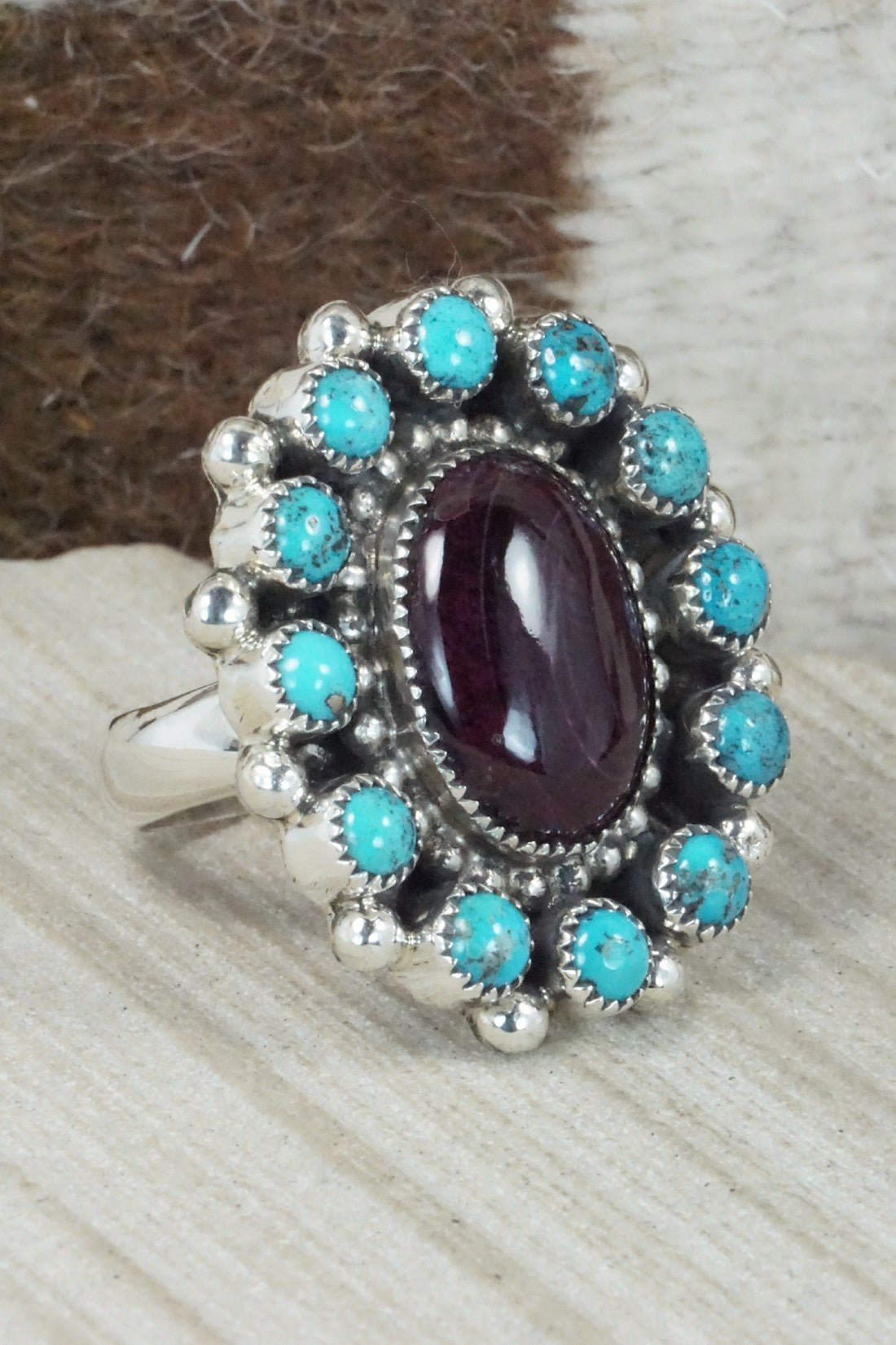 Spiny Oyster, Turquoise & Sterling Silver Ring - Sandra Parkett - Size 9 (Adj.)