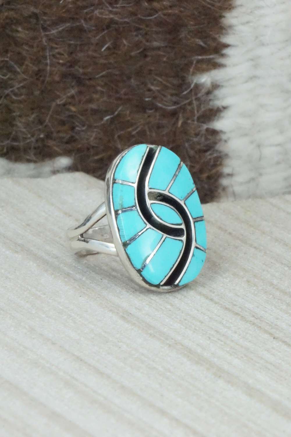 Turquoise & Sterling Silver Inlay Ring - Amy Wesley - Size 6.25