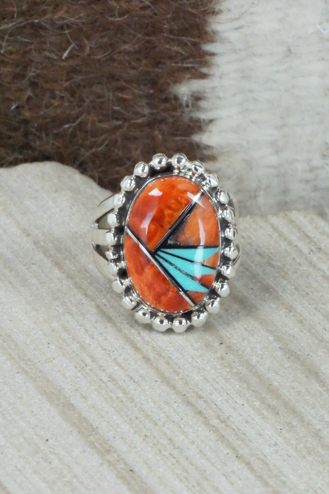Spiny Oyster, Turquoise & Sterling Silver Ring - Sandra Parkett - Size 8.5