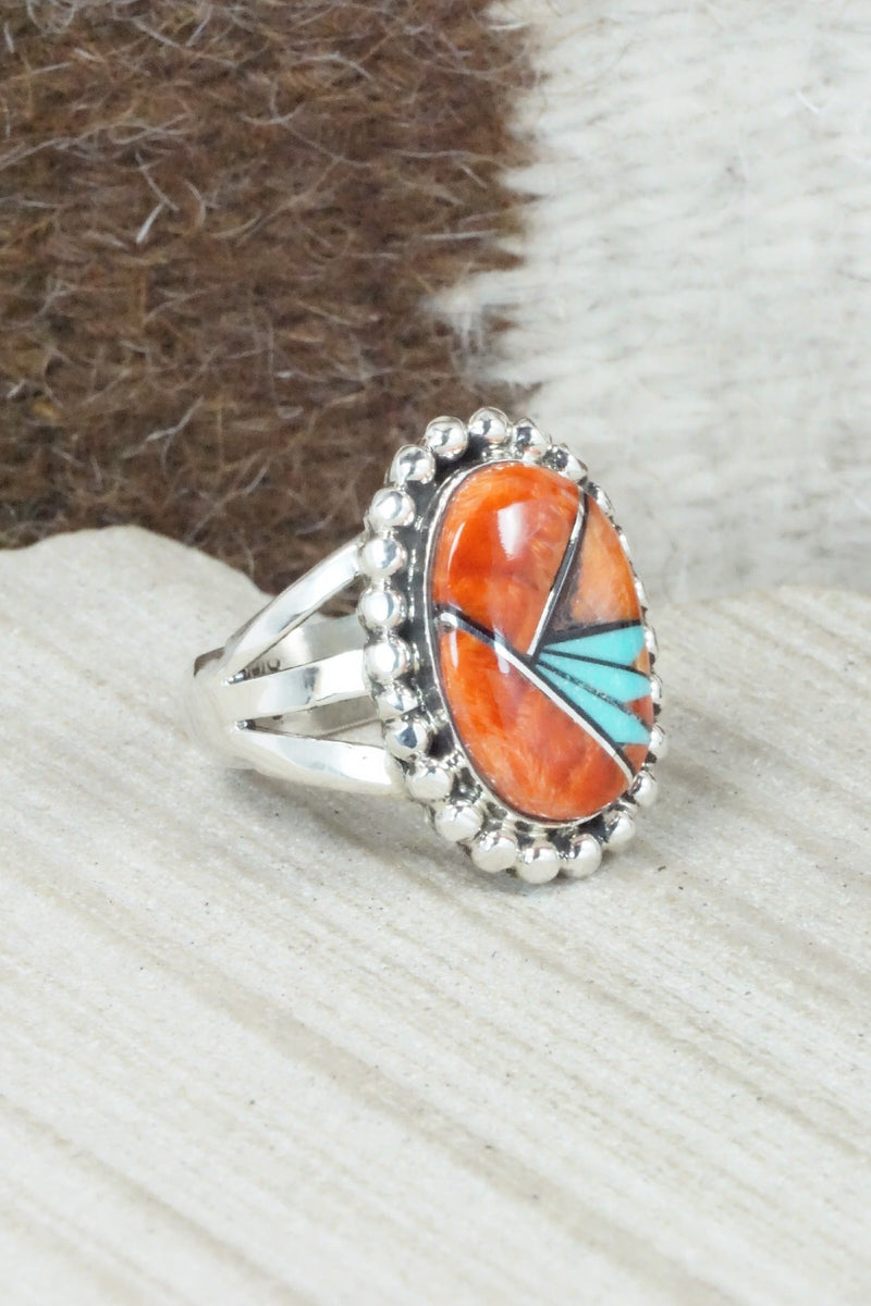 Spiny Oyster, Turquoise & Sterling Silver Ring - Sandra Parkett - Size 8.5