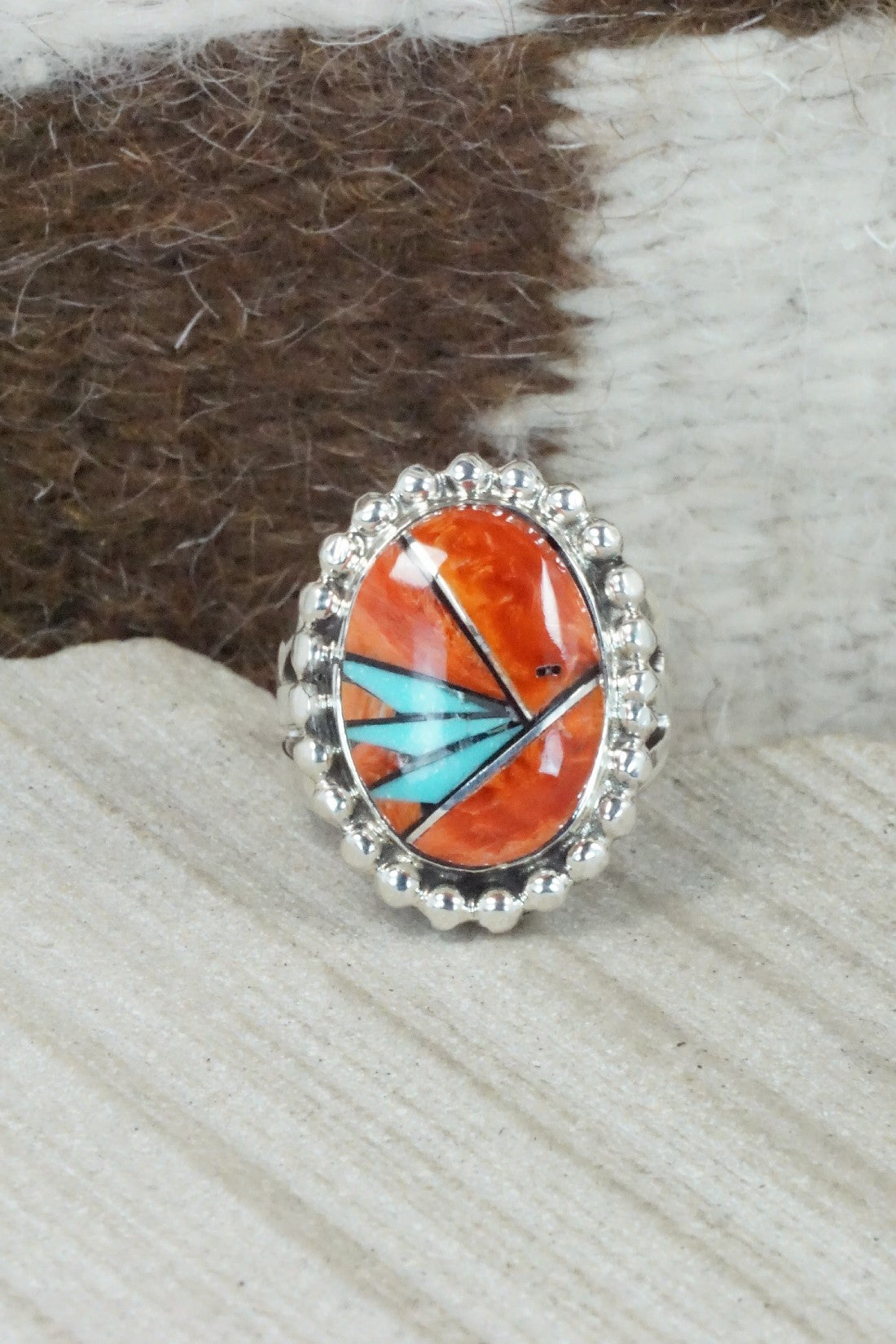 Spiny Oyster, Turquoise & Sterling Silver Ring - Sandra Parkett - Size 7