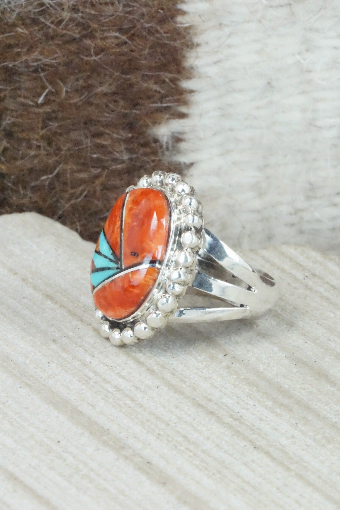 Spiny Oyster, Turquoise & Sterling Silver Ring - Sandra Parkett - Size 7