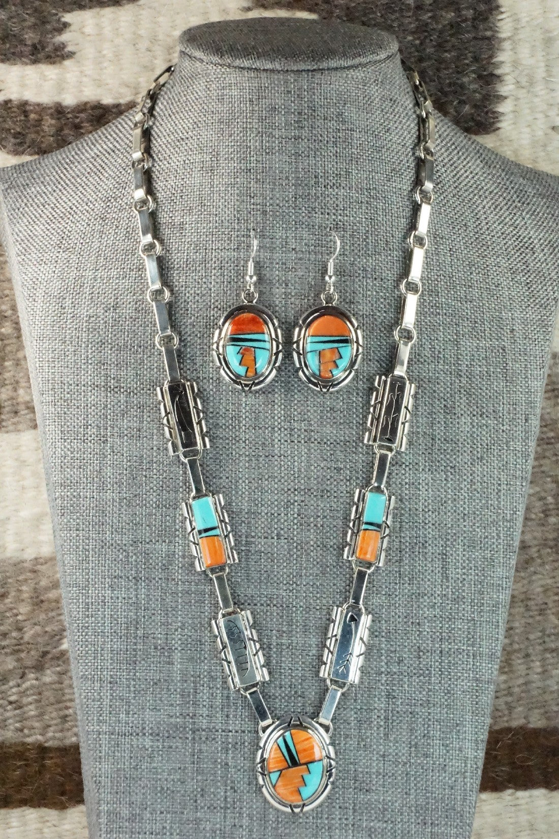 Turquoise, Spiny Oyster, Onyx & Sterling Silver Necklace Set - Sandra Parkett