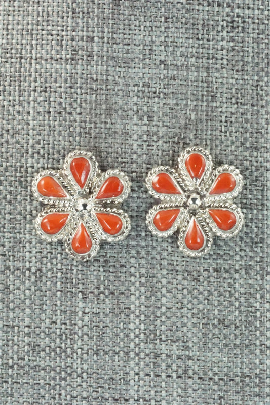 Coral & Sterling Silver Earrings - Carol Lateyice