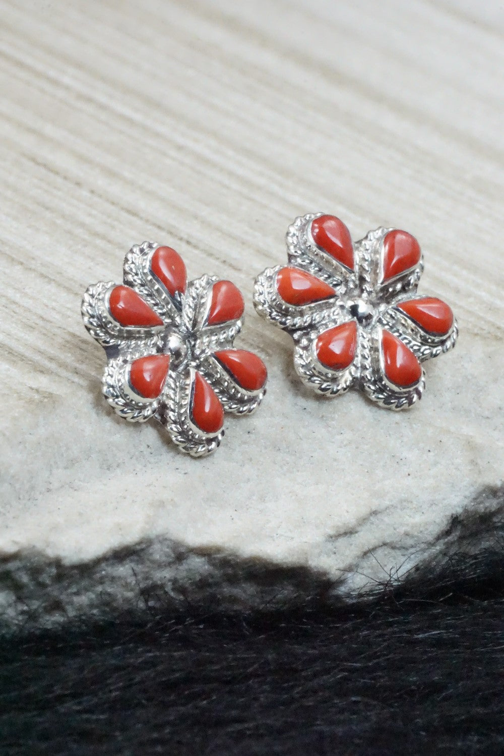 Coral & Sterling Silver Earrings - Carol Lateyice
