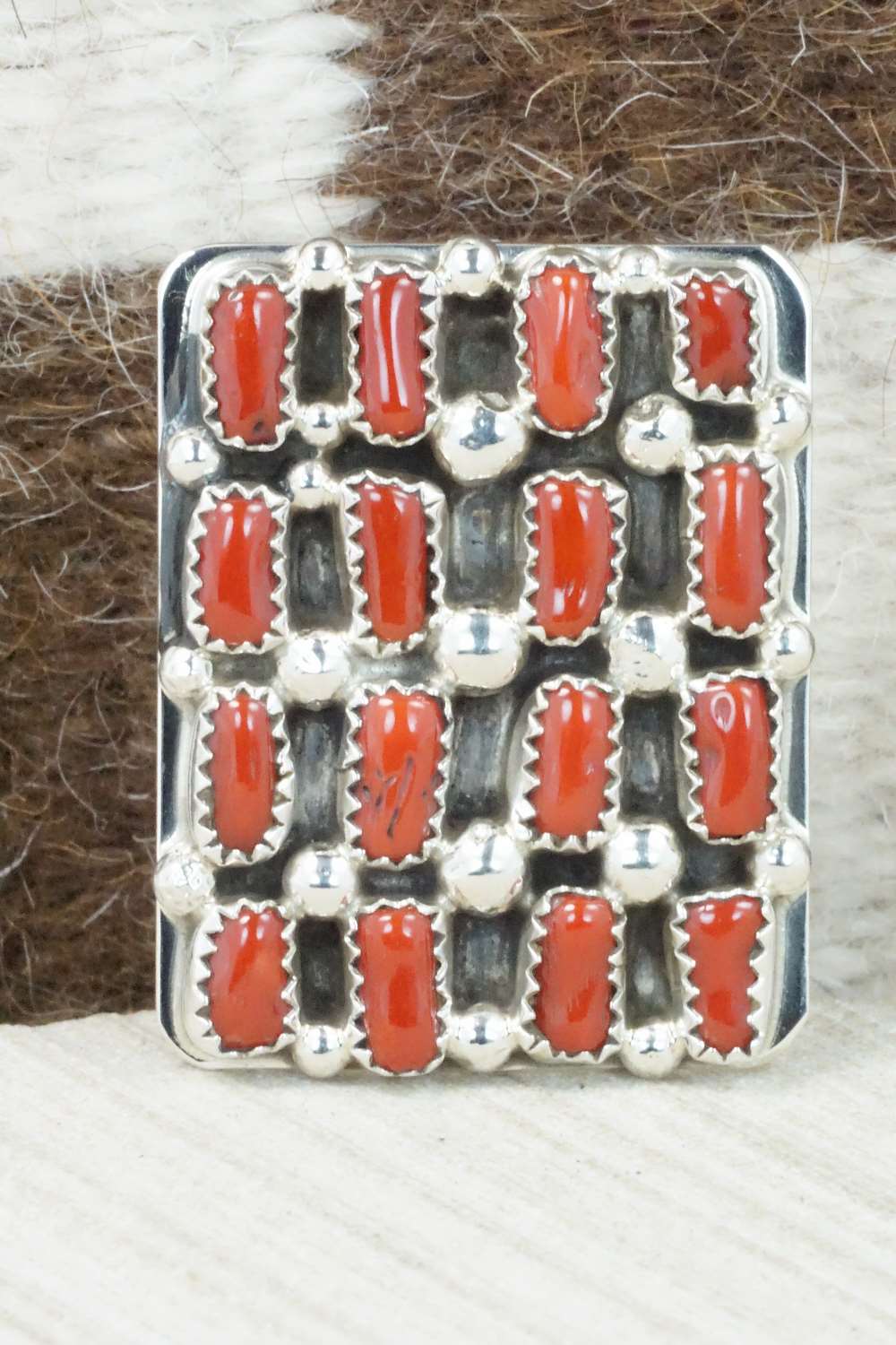 Coral and Sterling Silver Ring - Darlene Begay - Size 8.5