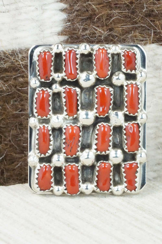 Coral and Sterling Silver Ring - Darlene Begay - Size 8.5