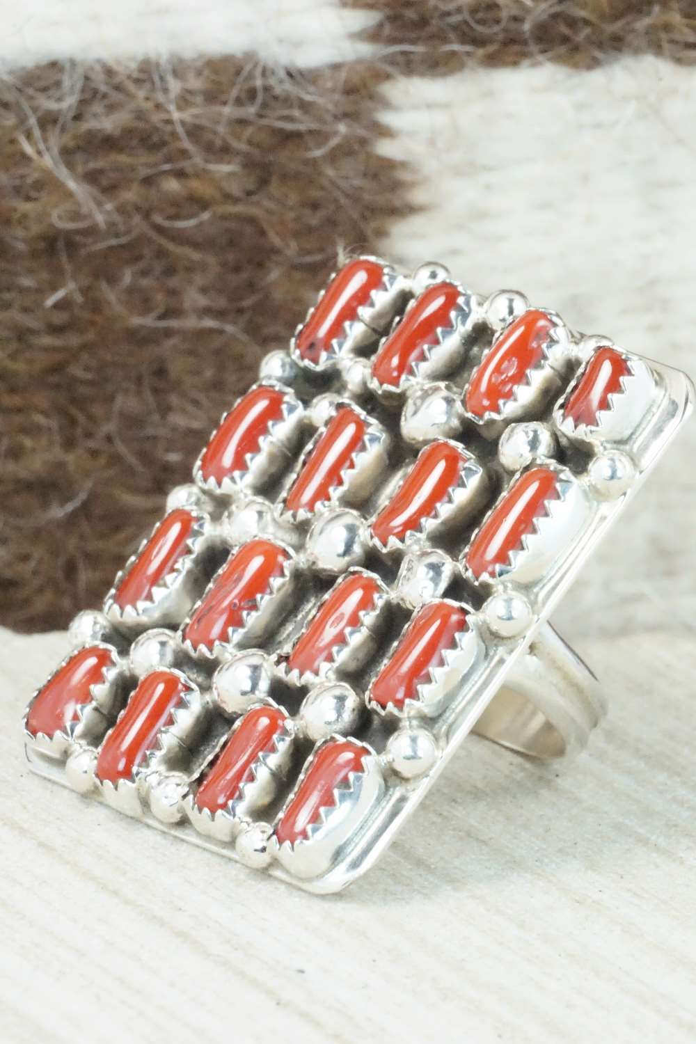 Coral and Sterling Silver Ring - Darlene Begay - Size 8.5