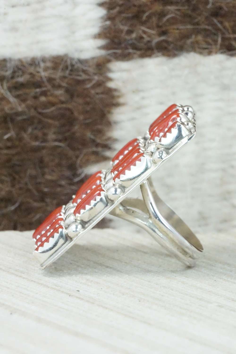 Coral and Sterling Silver Ring - Darlene Begay - Size 8.5