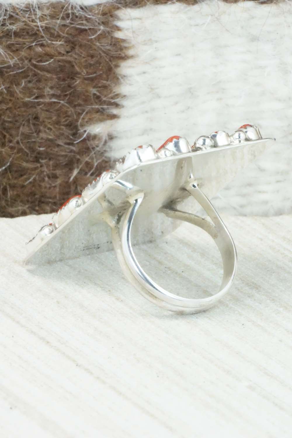 Coral and Sterling Silver Ring - Darlene Begay - Size 8.5