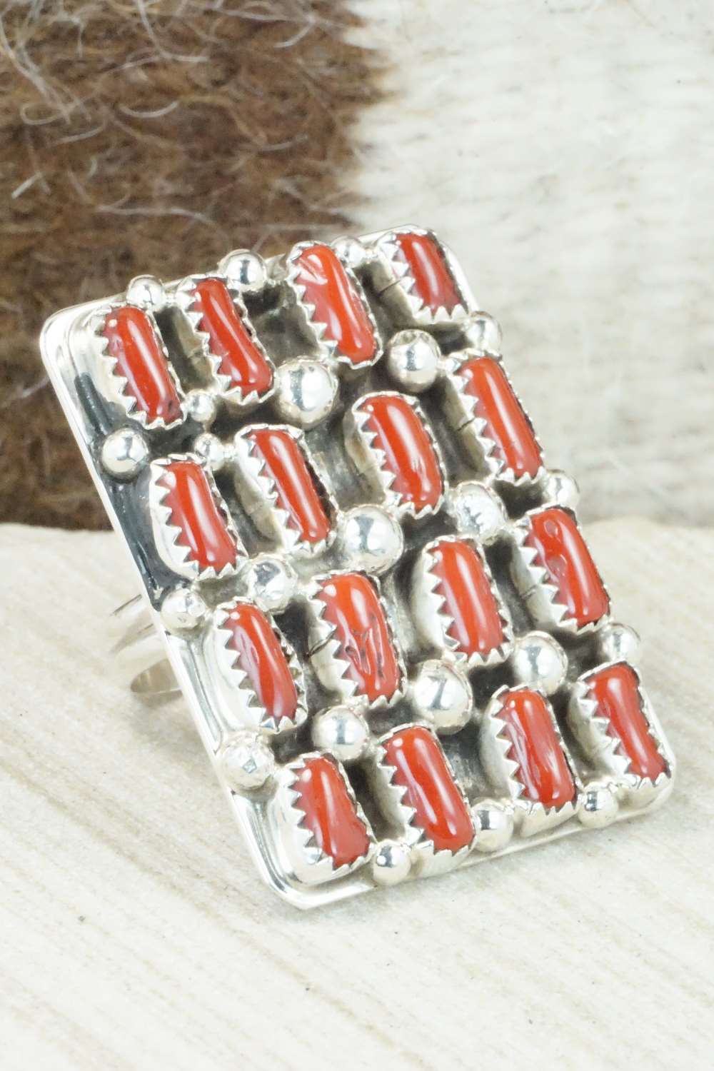 Coral and Sterling Silver Ring - Darlene Begay - Size 8.5
