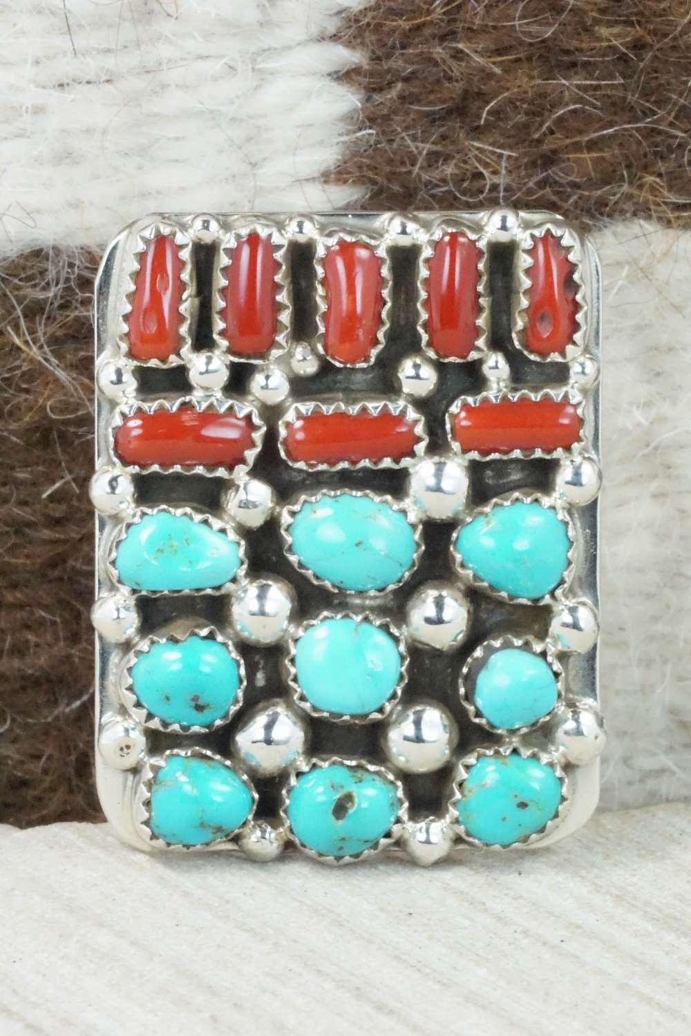 Turquoise, Coral and Sterling Silver Ring - Darlene Begay - Size 8