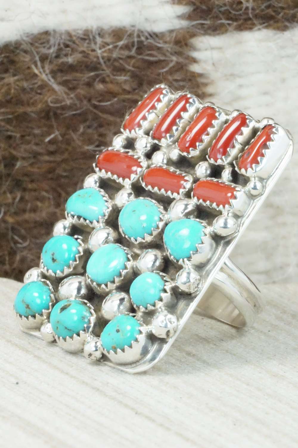 Turquoise, Coral and Sterling Silver Ring - Darlene Begay - Size 8
