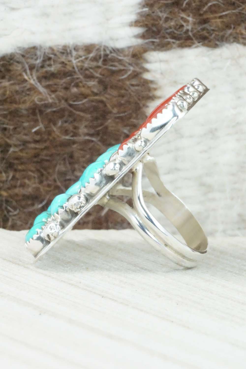 Turquoise, Coral and Sterling Silver Ring - Darlene Begay - Size 8