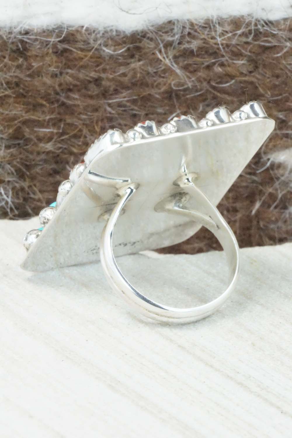 Turquoise, Coral and Sterling Silver Ring - Darlene Begay - Size 8