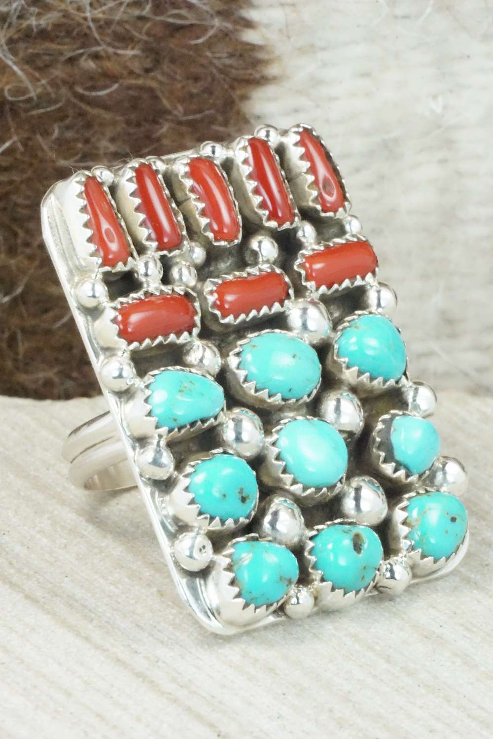Turquoise, Coral and Sterling Silver Ring - Darlene Begay - Size 8