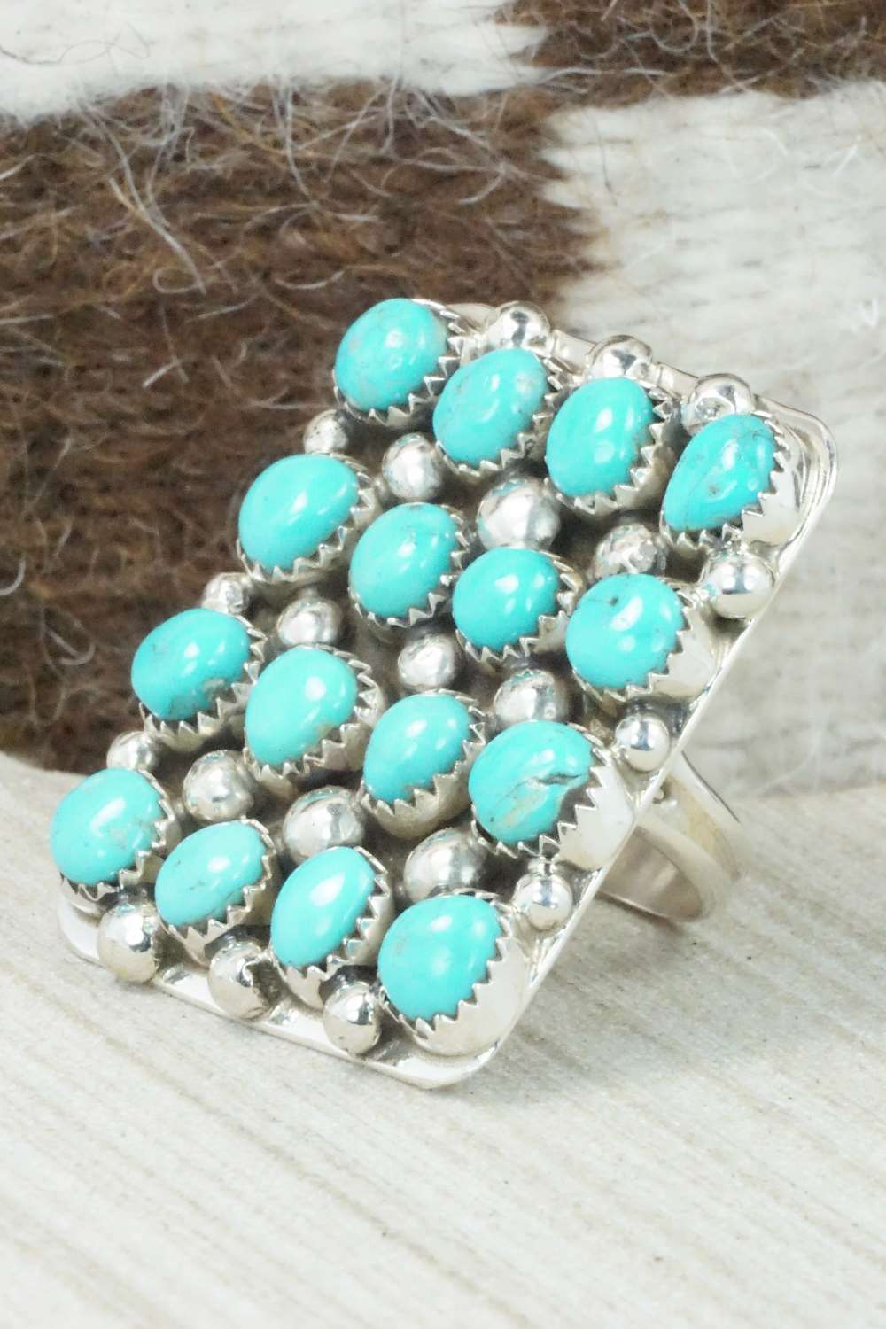 Turquoise, Coral and Sterling Silver Ring - Darlene Begay - Size 8.75