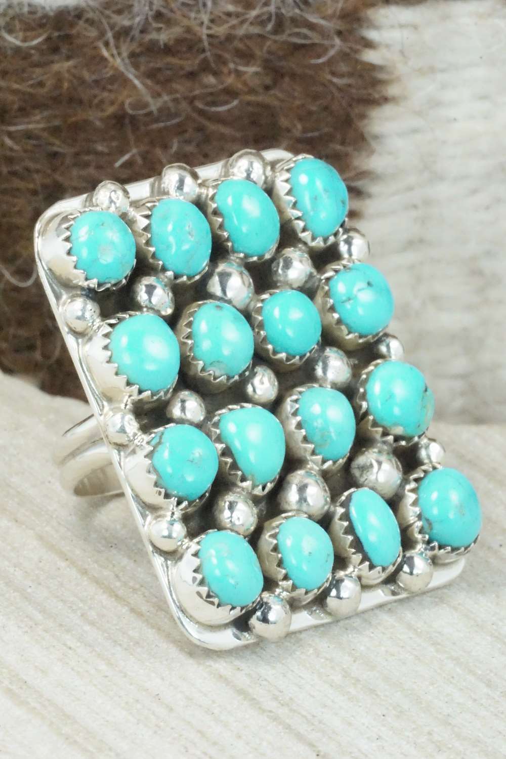 Turquoise, Coral and Sterling Silver Ring - Darlene Begay - Size 8.75