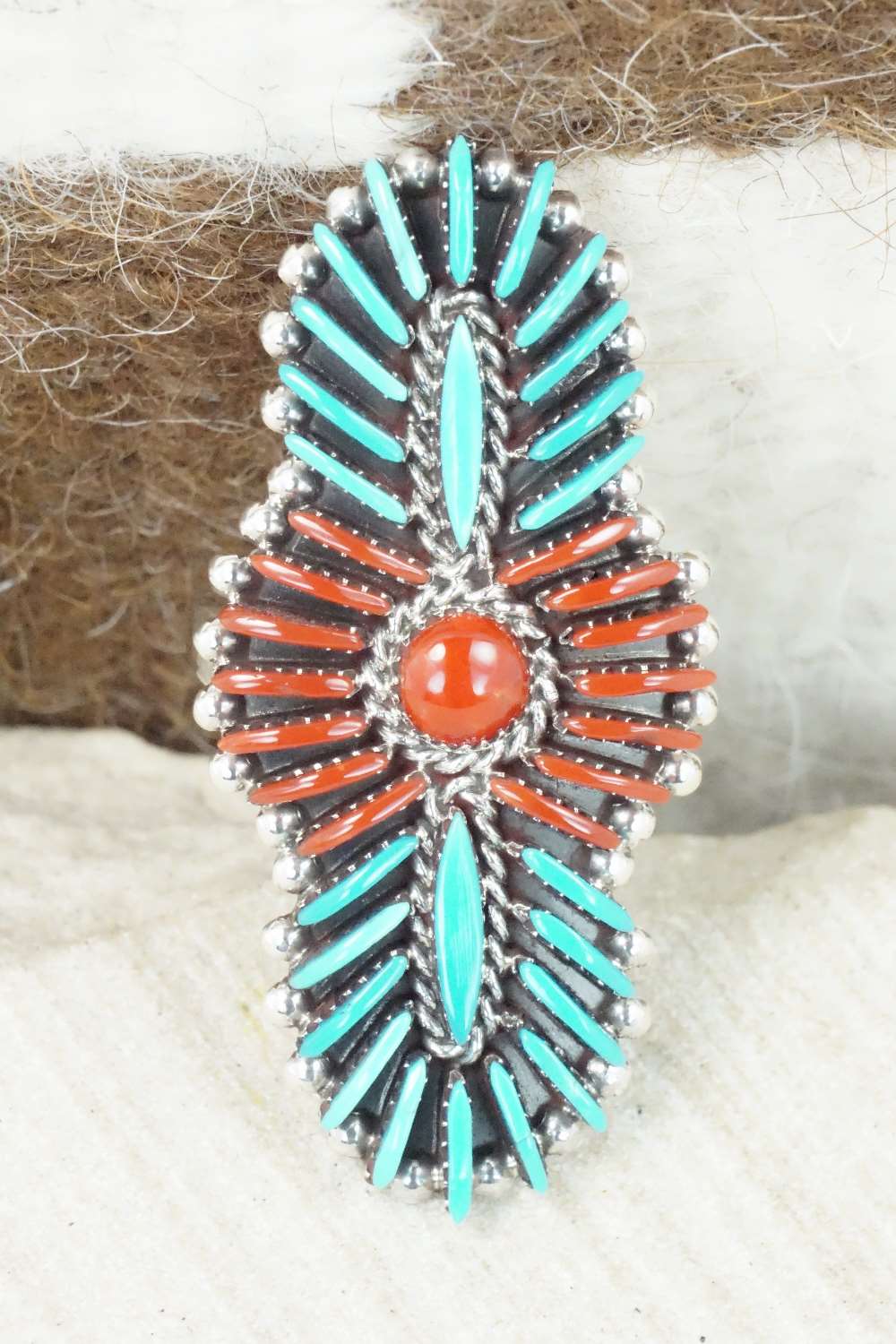Turquoise, Coral & Sterling Silver Ring - Edmund Cooeyate - Size 7.5