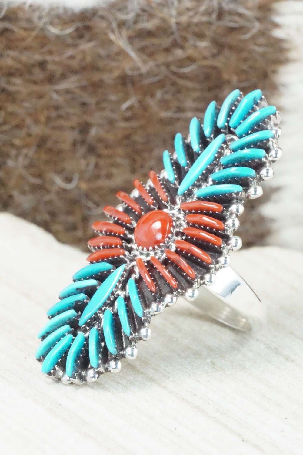 Turquoise, Coral & Sterling Silver Ring - Edmund Cooeyate - Size 7.5