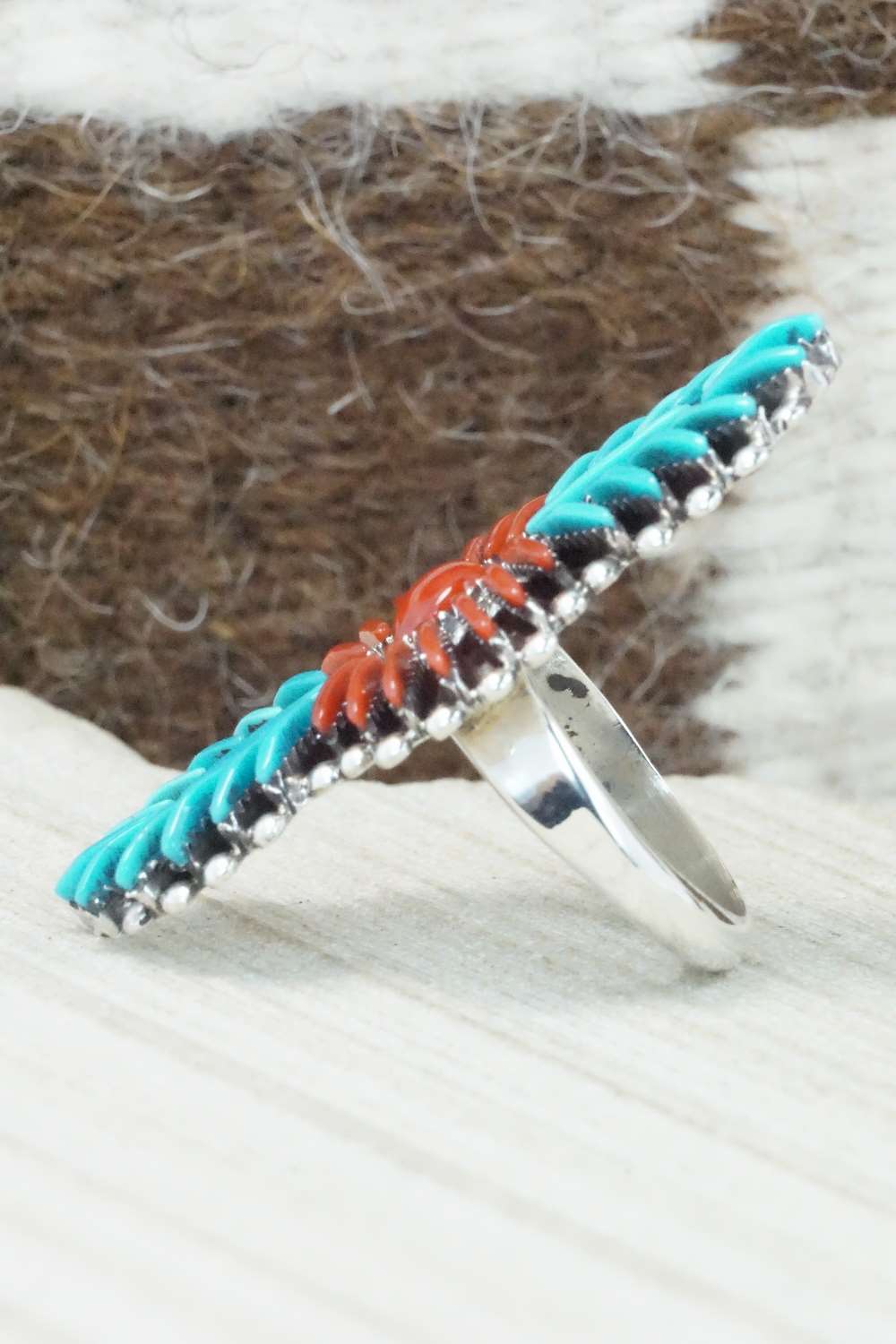 Turquoise, Coral & Sterling Silver Ring - Edmund Cooeyate - Size 7.5