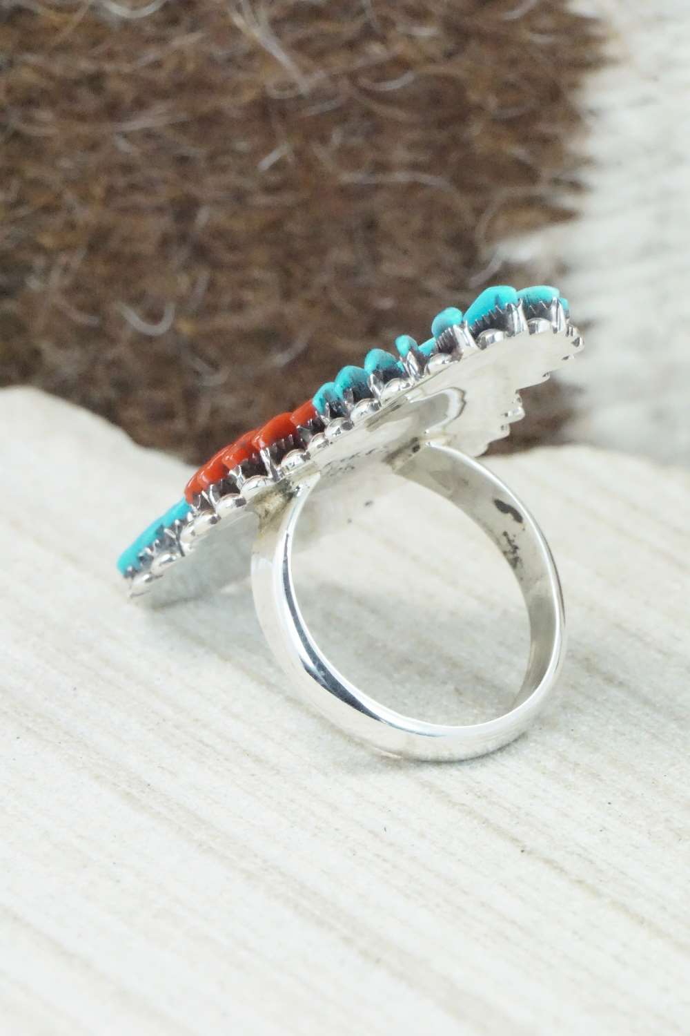 Turquoise, Coral & Sterling Silver Ring - Edmund Cooeyate - Size 7.5