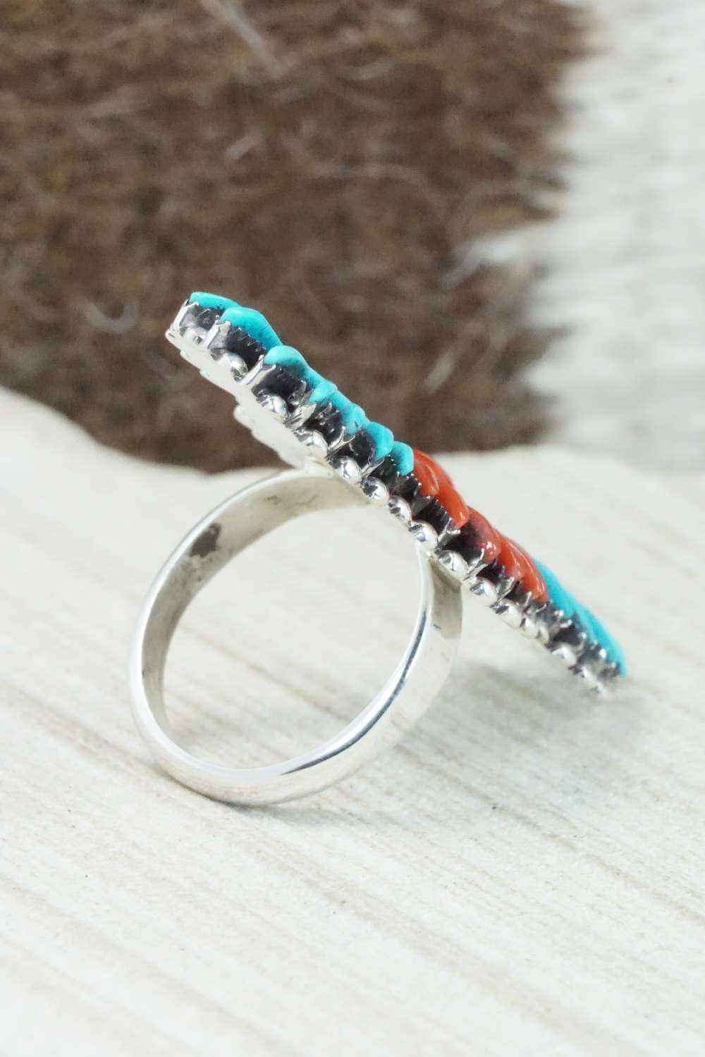 Turquoise, Coral & Sterling Silver Ring - Edmund Cooeyate - Size 7.5