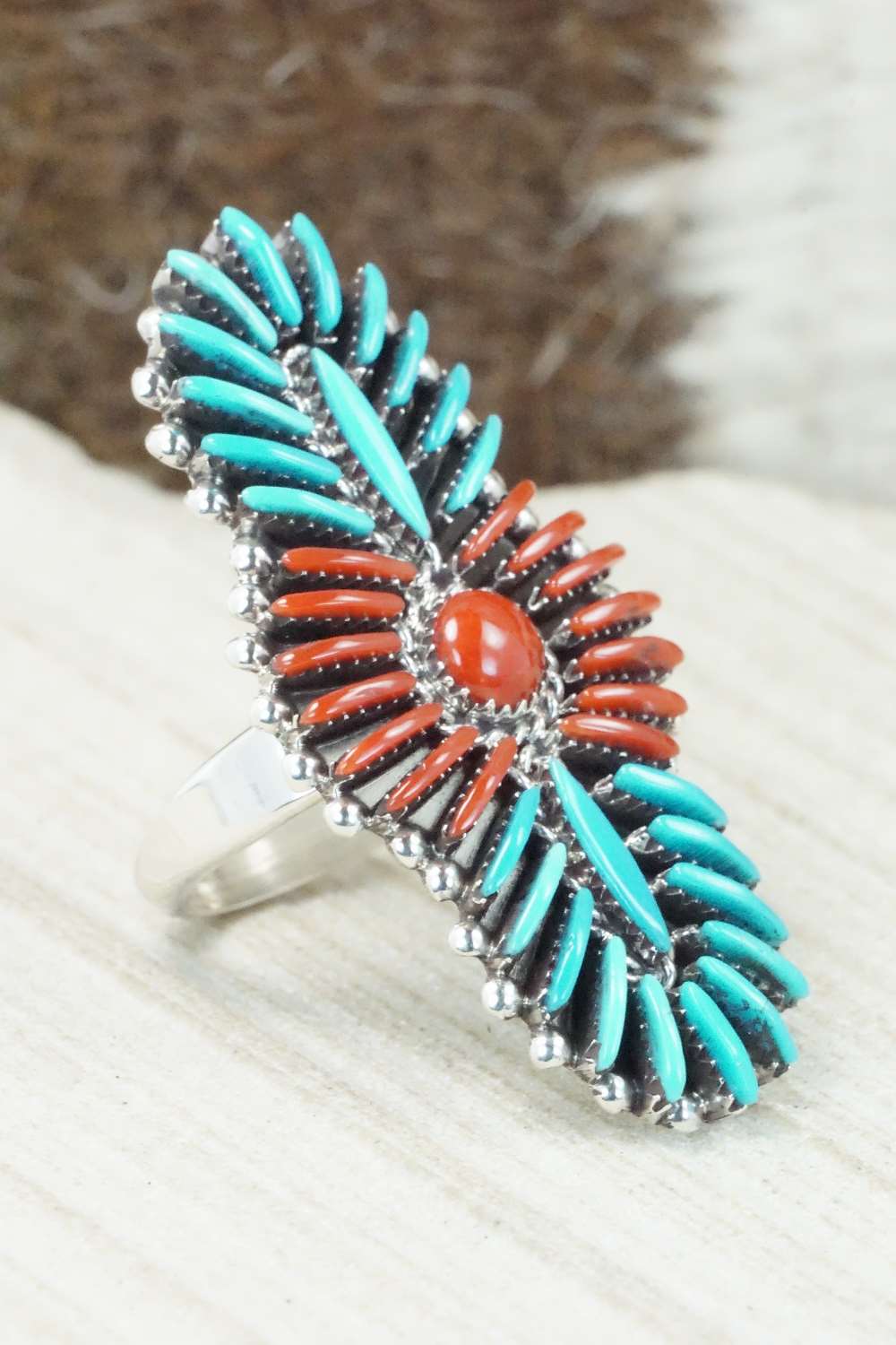 Turquoise, Coral & Sterling Silver Ring - Edmund Cooeyate - Size 7.5