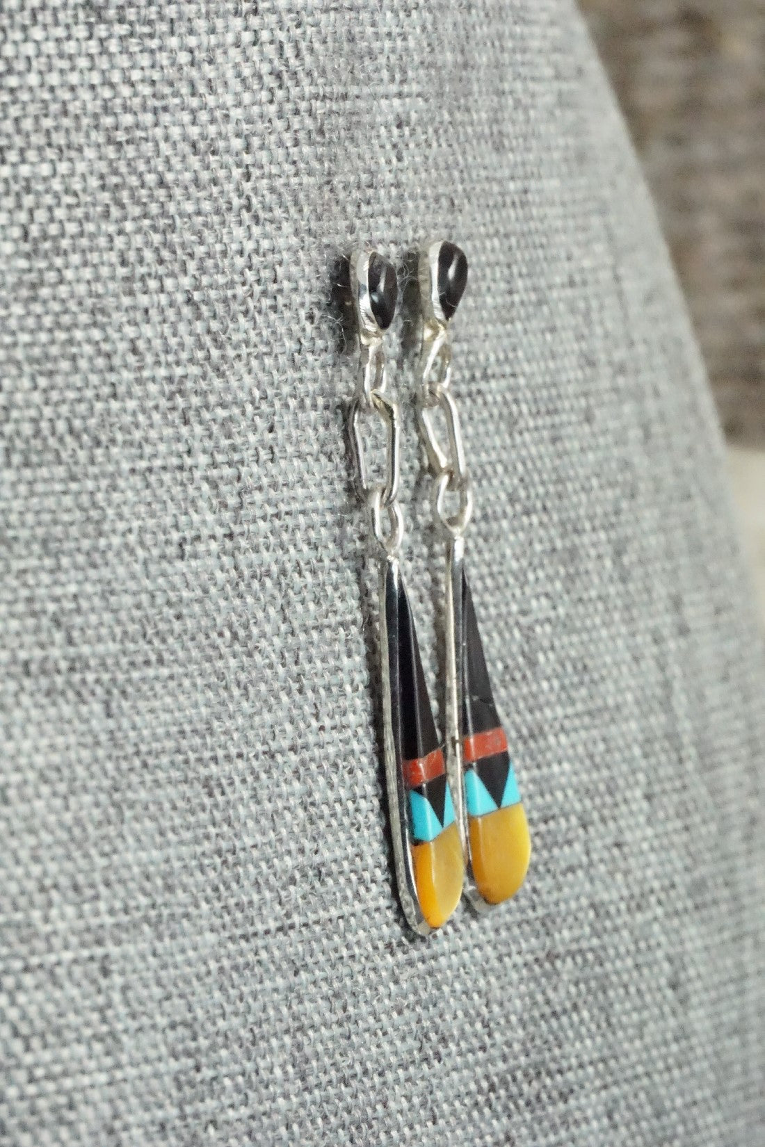 Turquoise, MOP, Coral, Onyx & Sterling Silver Earrings - Francine Chapito