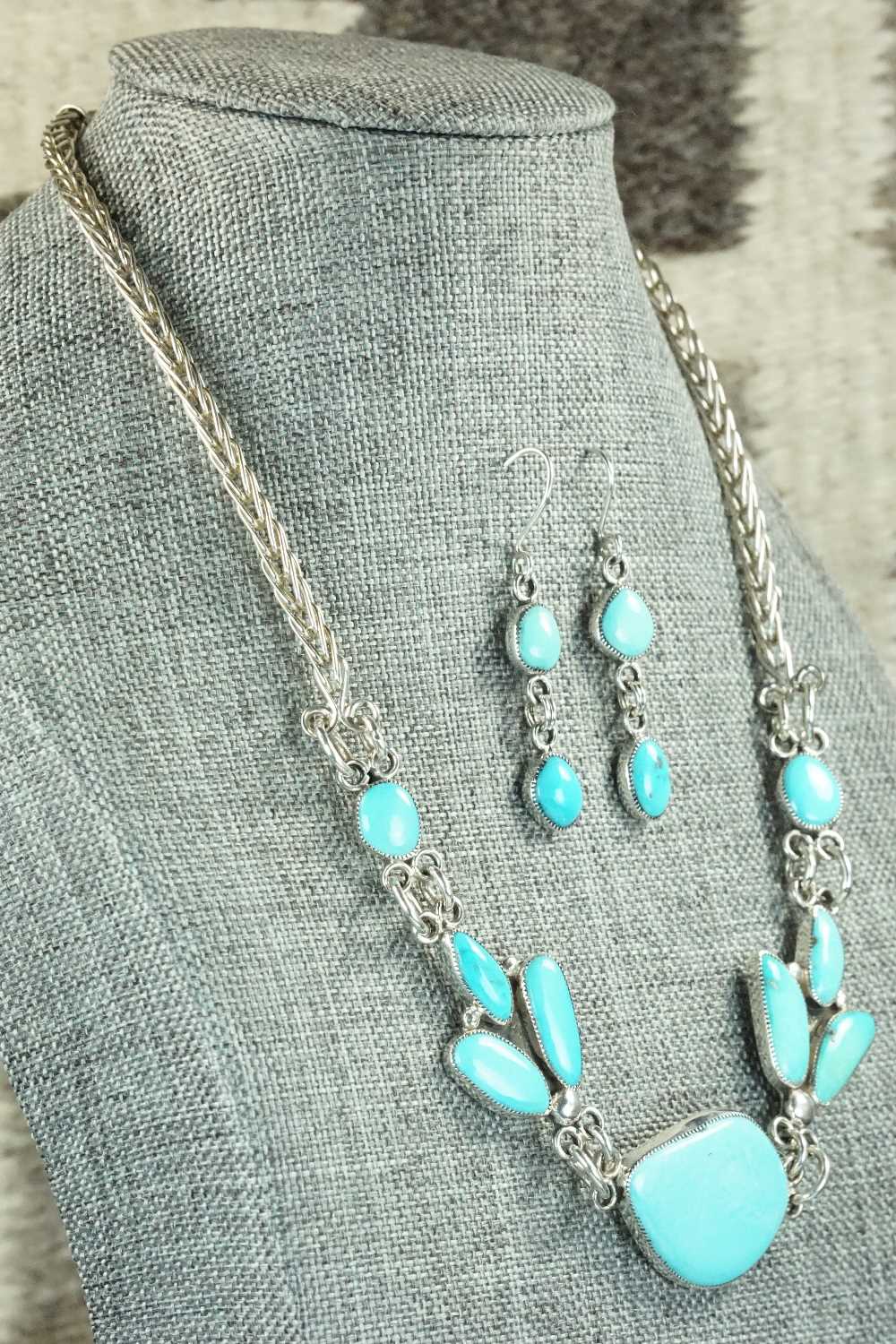 Turquoise & Sterling Silver Necklace and Earrings Set - Smokey Gchachu