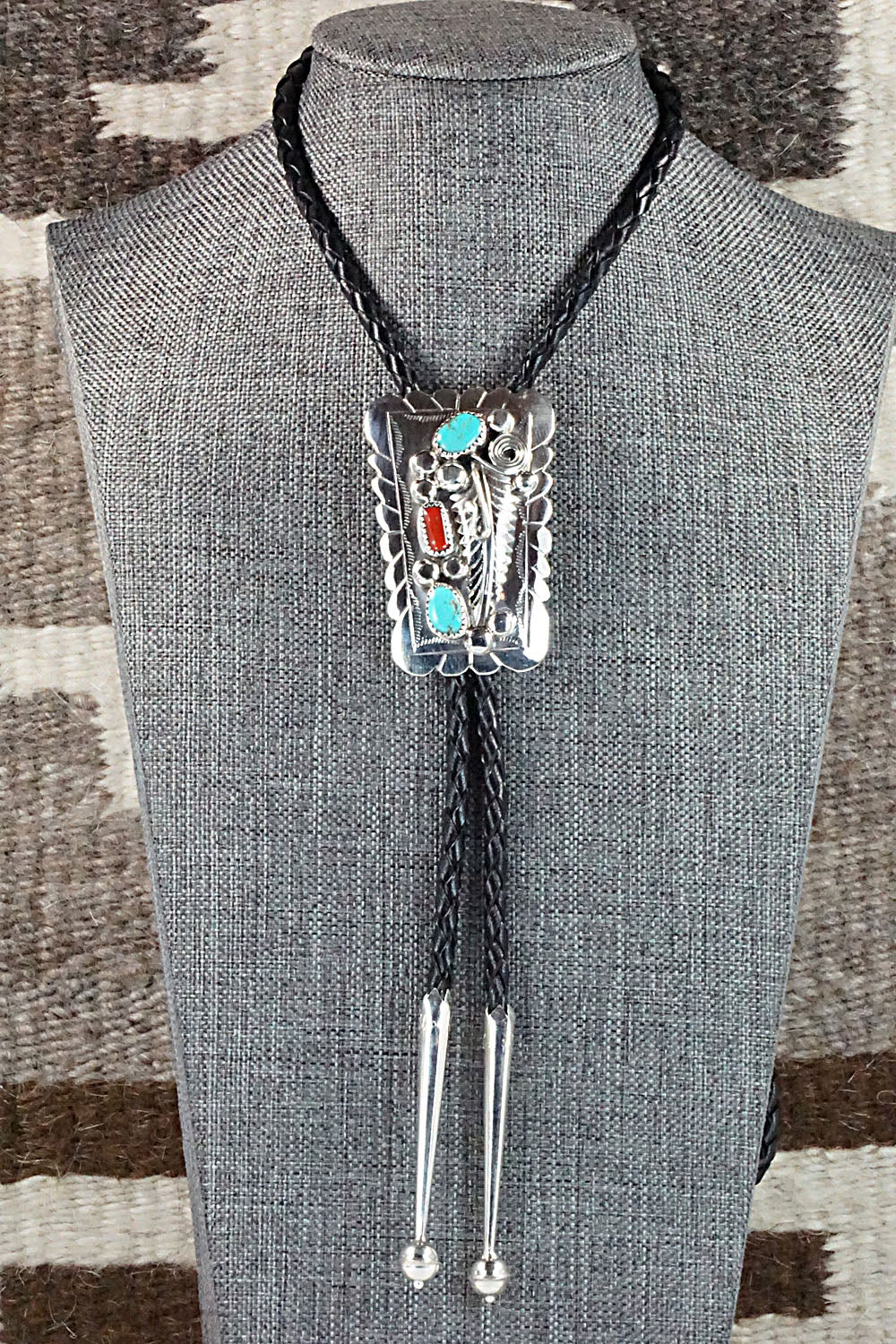 Turquoise, Coral & Sterling Silver Bolo Tie - Wilbur Myers
