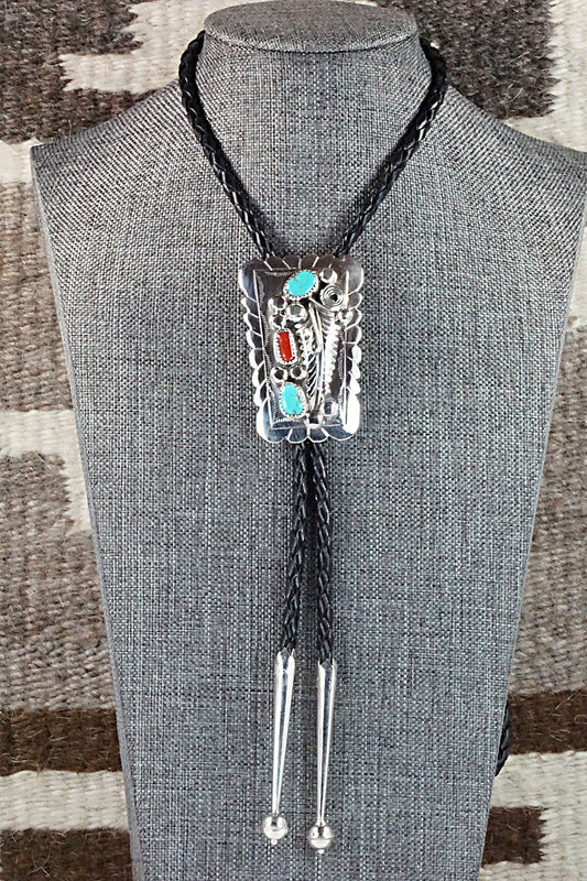 Turquoise, Coral & Sterling Silver Bolo Tie - Wilbur Myers