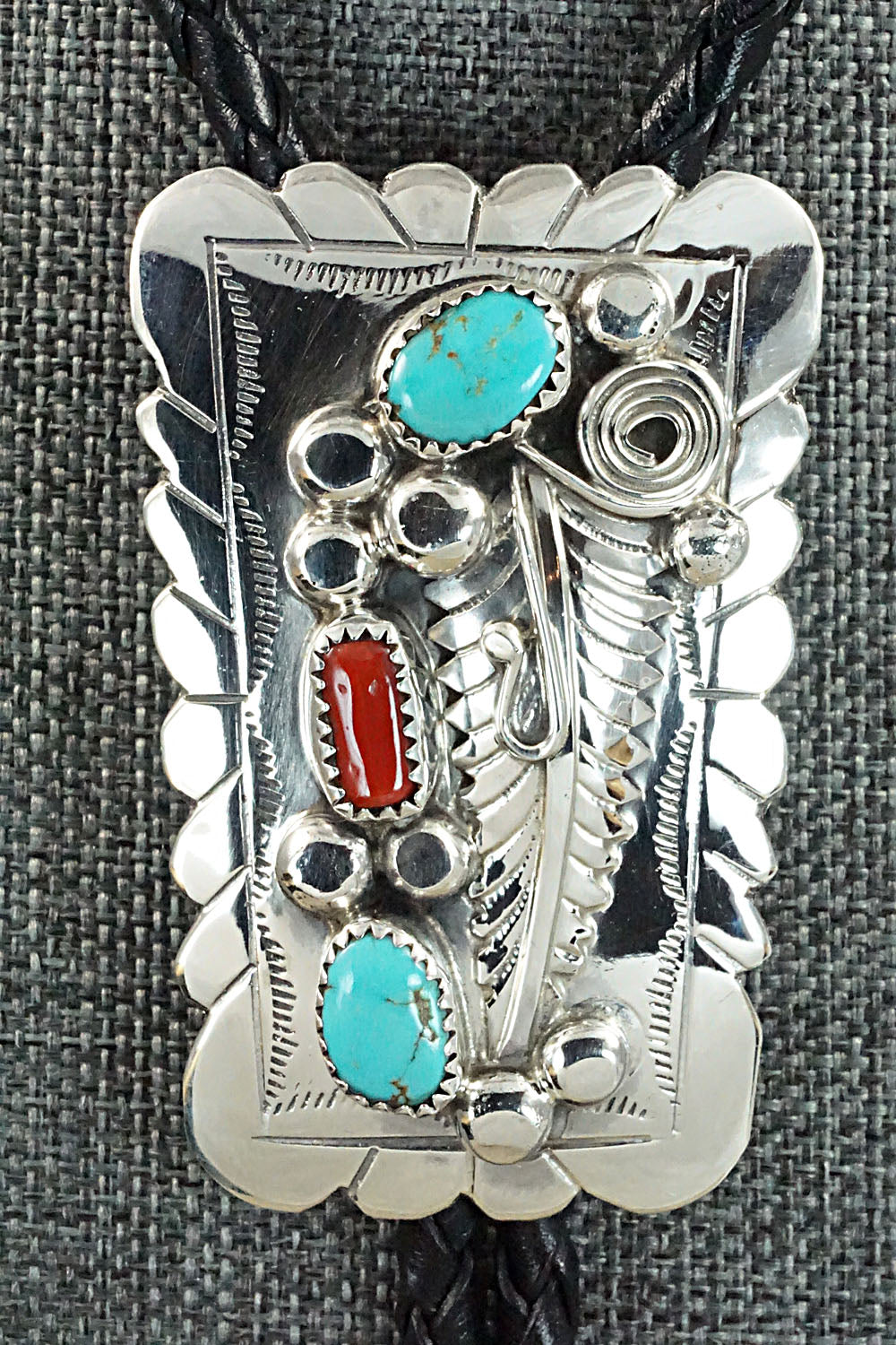 Turquoise, Coral & Sterling Silver Bolo Tie - Wilbur Myers