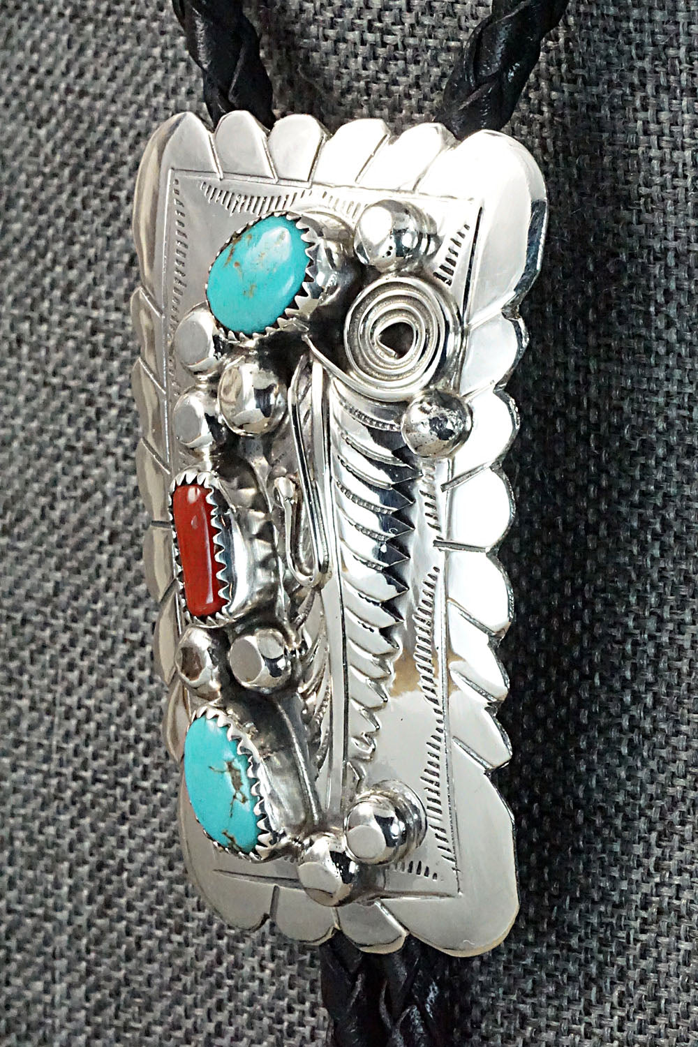Turquoise, Coral & Sterling Silver Bolo Tie - Wilbur Myers