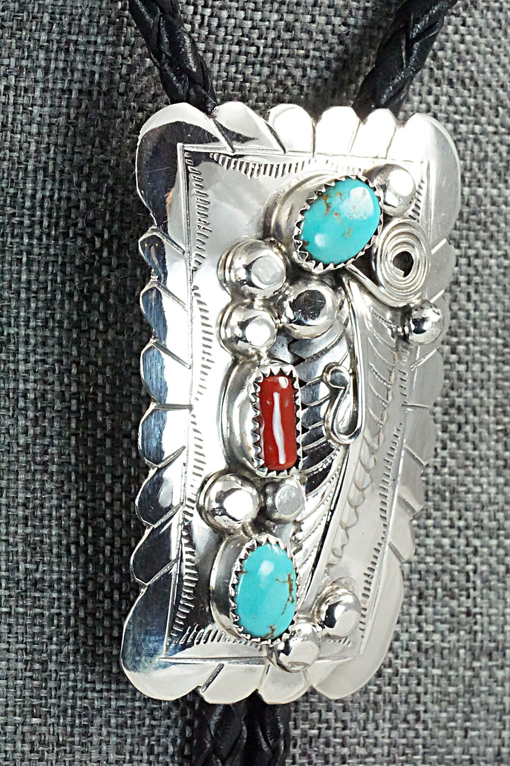 Turquoise, Coral & Sterling Silver Bolo Tie - Wilbur Myers