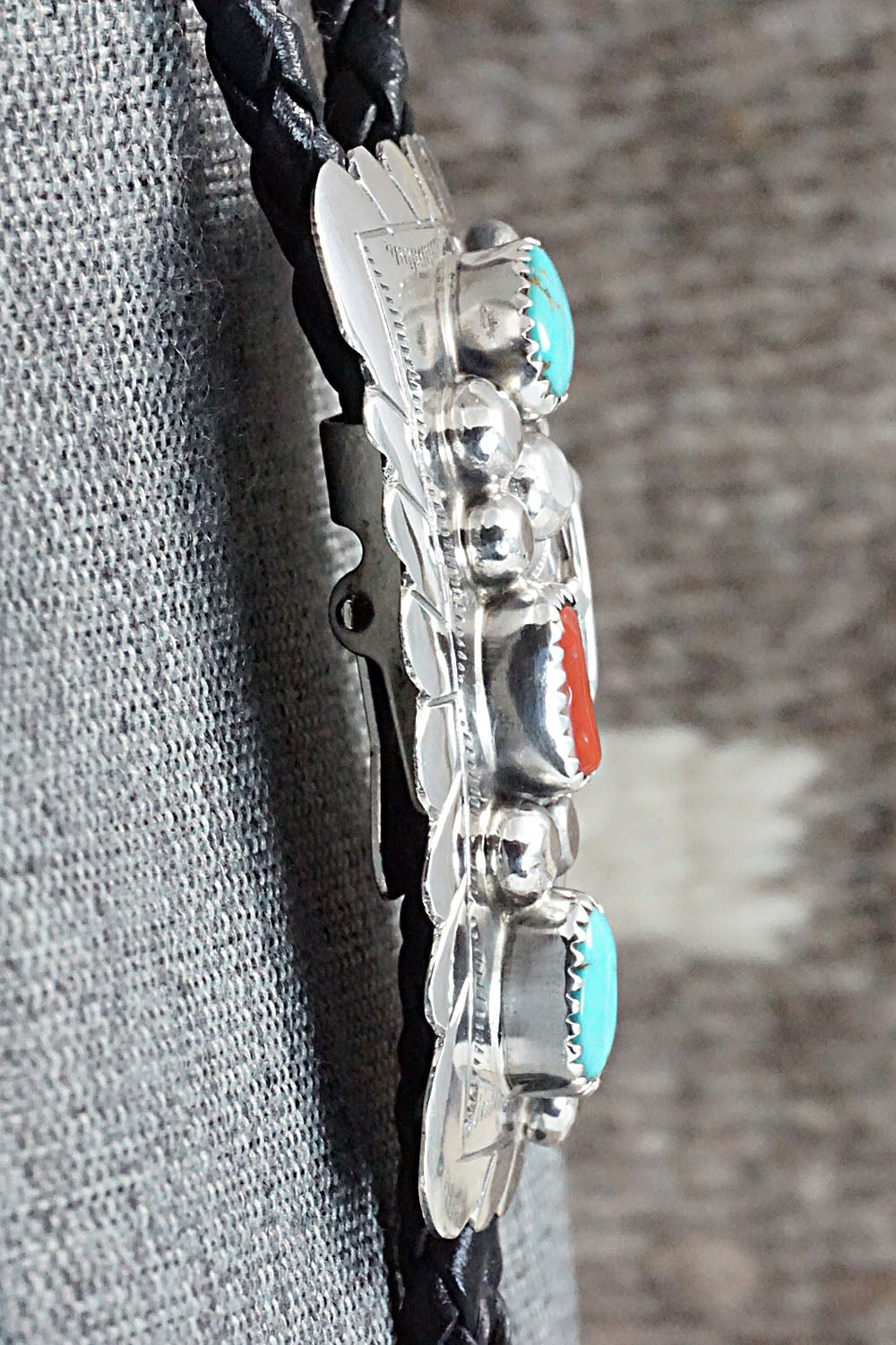 Turquoise, Coral & Sterling Silver Bolo Tie - Wilbur Myers