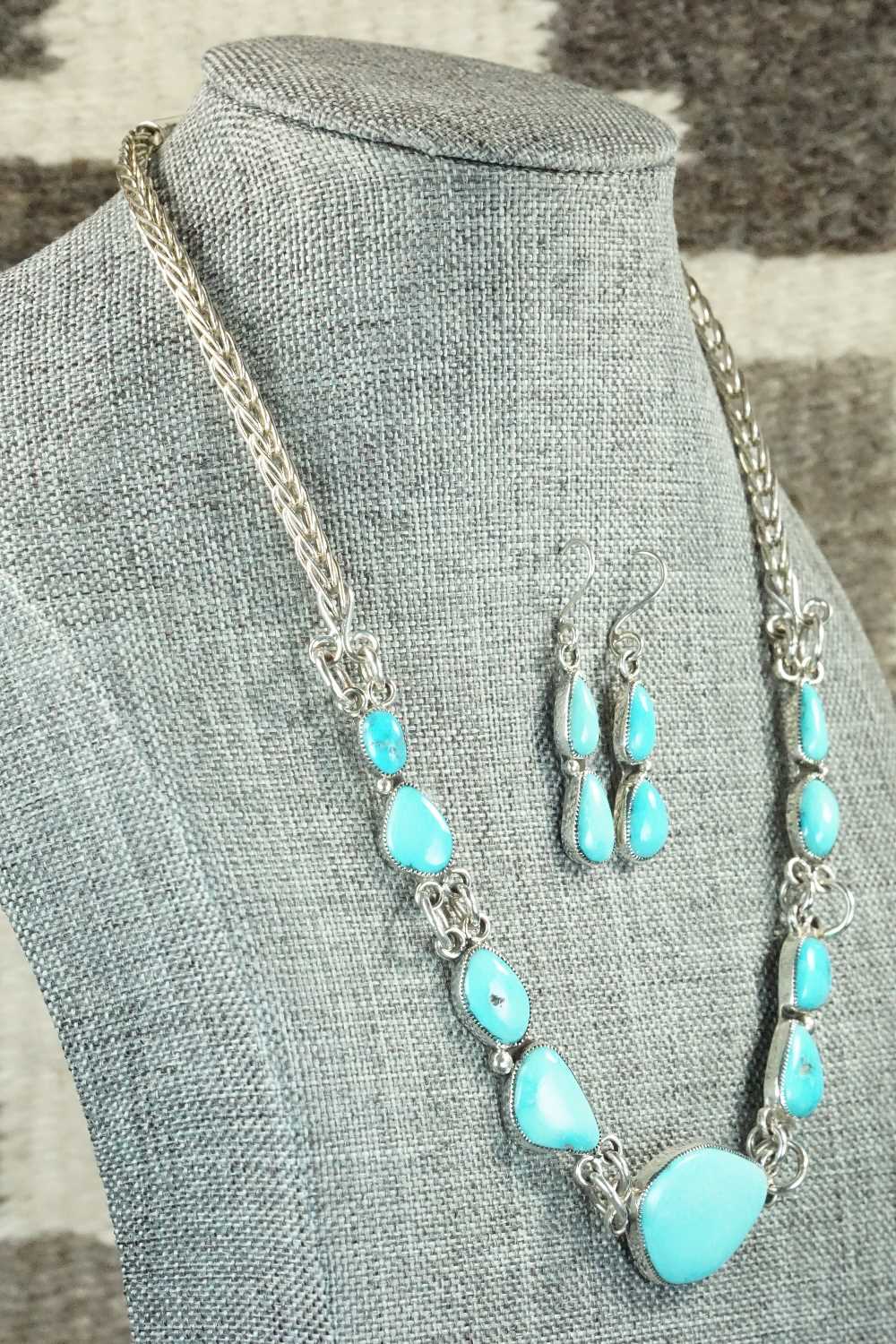 Turquoise & Sterling Silver Necklace and Earrings Set - Smokey Gchachu