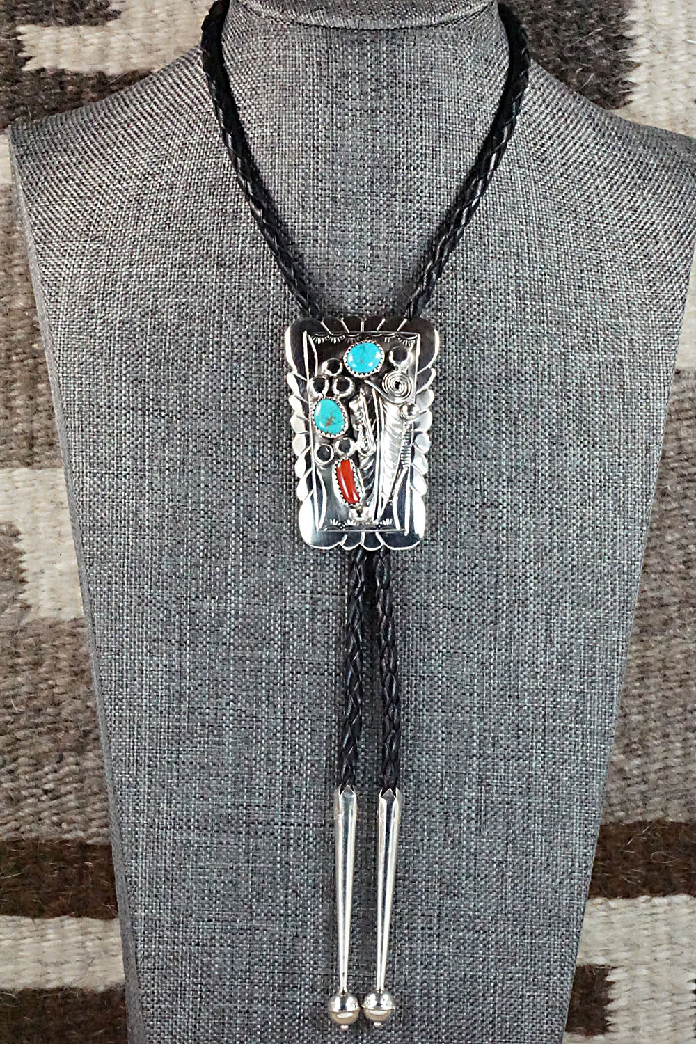 Turquoise, Coral & Sterling Silver Bolo Tie - Wilbur Myers