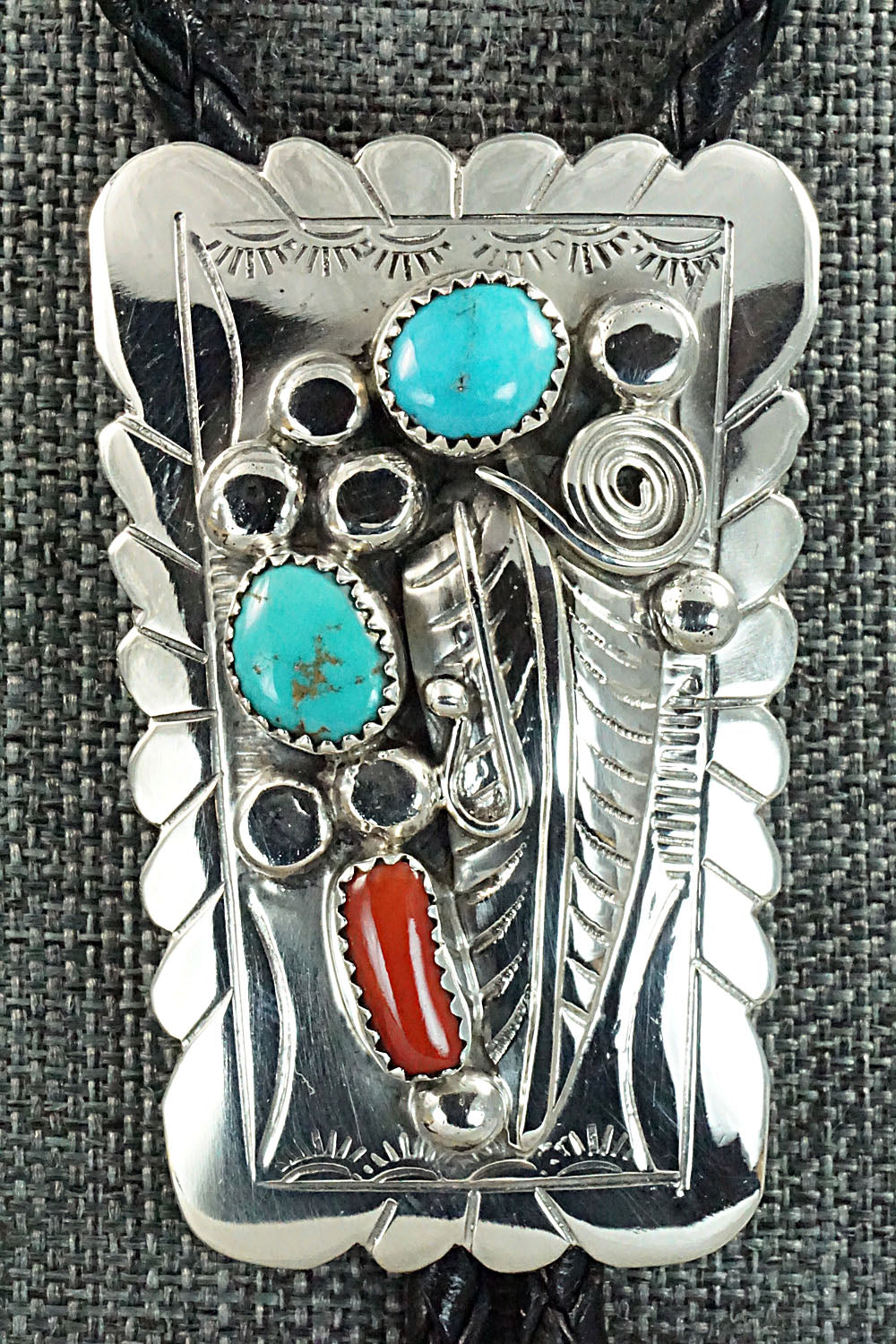 Turquoise, Coral & Sterling Silver Bolo Tie - Wilbur Myers